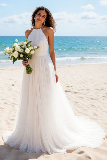 Halter Pleated A Line Ivory Long Wedding Dress